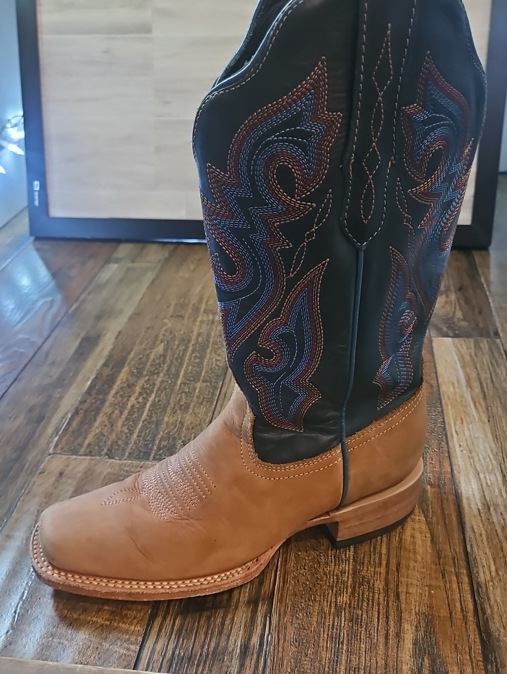 J.B. Dillon Two-Tone Tan Foot Brown/Black /Teal Shaft Western Cowboy Boots